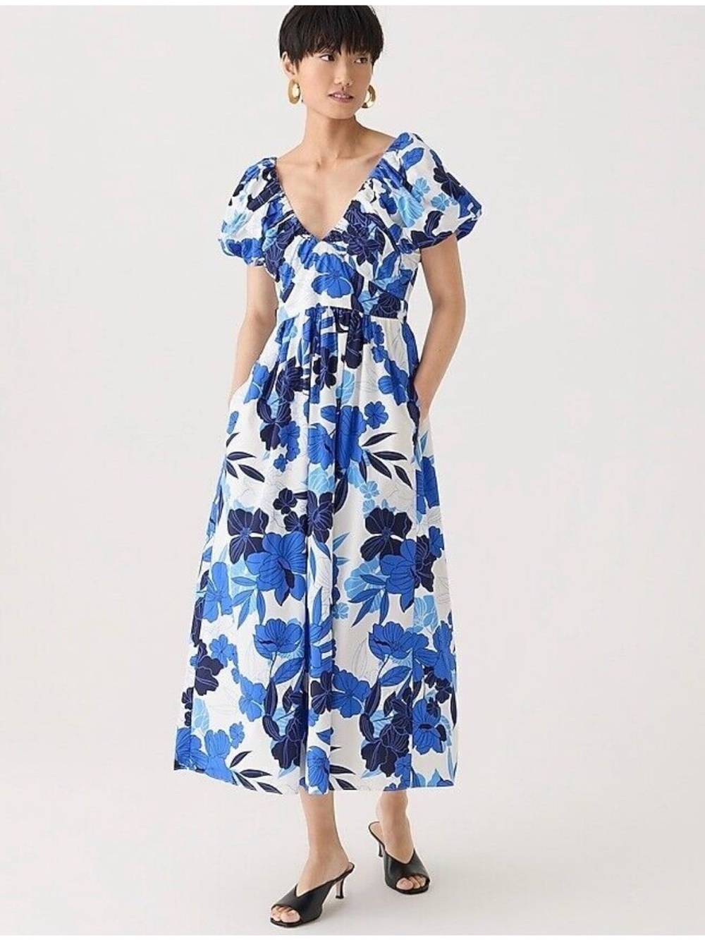 J. Crew Blue Floral V-Neck Puff Sleeve Maxi Dress With Pockets- LIKE NEW!